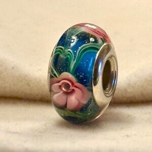 Elegant Blue and Pink Floral Murano Charm fit Pandora bracelets